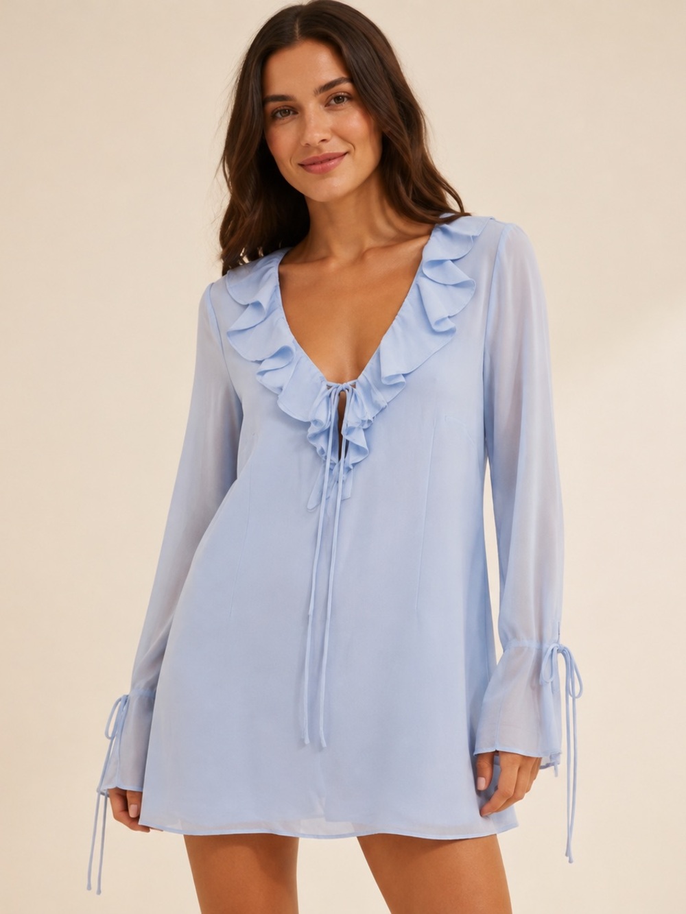 NWT Wild Fable Light Blue Ruffle Tie-Front Long Sleeve Mini Dress